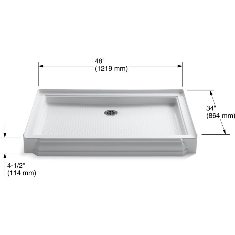 Base de douche à simple seuil et drain arrière 48 po x 34 po Memoirs®, Blanc