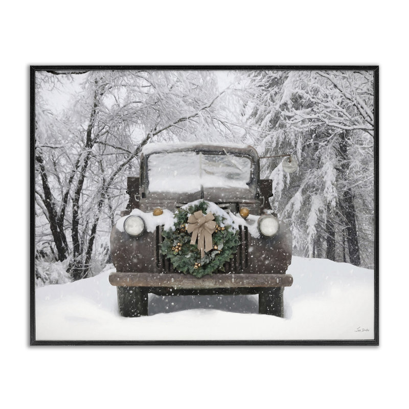 «Wreathed Truck in Snow», estampe numérique, conception par Lori Deiter, H 11 po x l 14 po, Giclée encadrée noir minuit