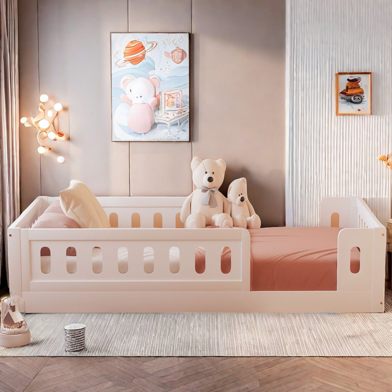 Wooden Platform Bed With Semi-enclosed Fence, White
