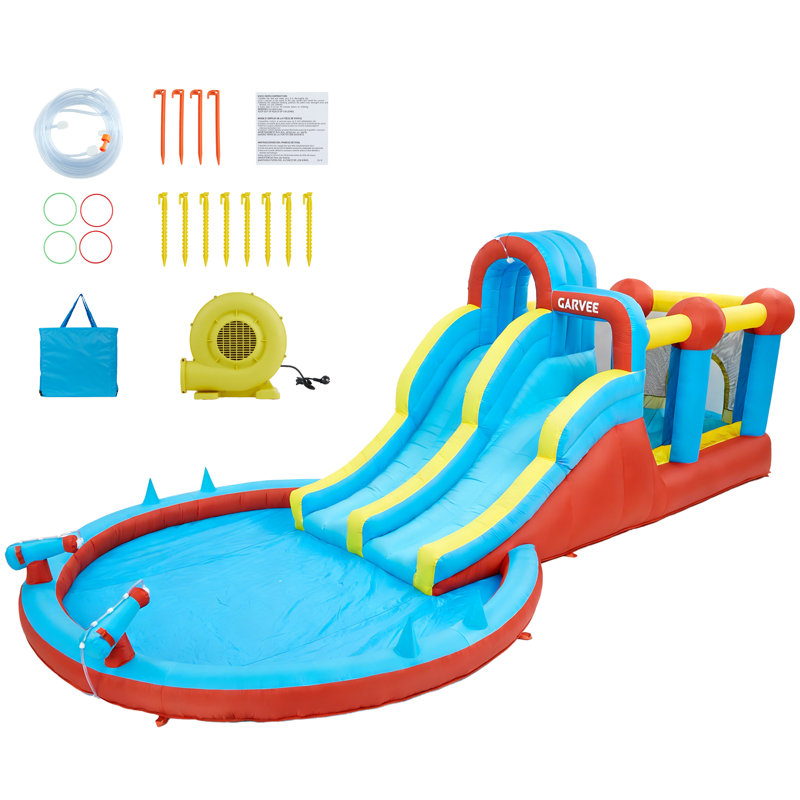 8-in-1 Inflatable Water Park with Double Slides & Climbing Walls, Kids Dry & Wet Bounce House, 840D/420D Oxford Fabric with 550W Blower, Indoor Outdoor Backyard Play Center