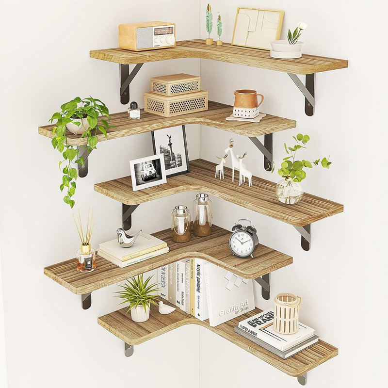 Ensemble de 5 tablettes d'angle flottantes, tablette de coin murale en bois rustique pour salle de bain, cuisine, chambre à coucher, décoration intérieure, salle de lavage, salon (noir carbonisé)