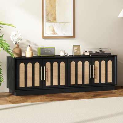 67" TV Stand for TVs up to 75" with Rattan Door, Modern Entertainment Center Media Console for Living Room,Black
