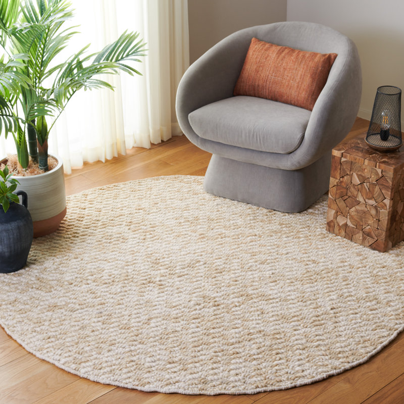 Tapis en laine / coton tissé à la main Stepanas en ivoire / beige, Rond 6 pi