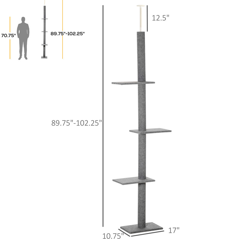 Tour pour chat gris, structure d'escalade réglable de 8,5 pi de hauteur avec poteaux à griffer et plateformes confortables pour chatons, l 10,75 po x H 102,25 po