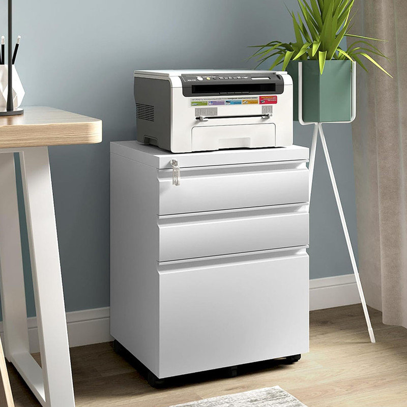 Modern Mobile File Cabinet for Home Office, Lockable 3 Drawer Filing Cabinet with Wheels, Ample Storage Capacity for A4-Size/Letter-Size/Legal-Size, White