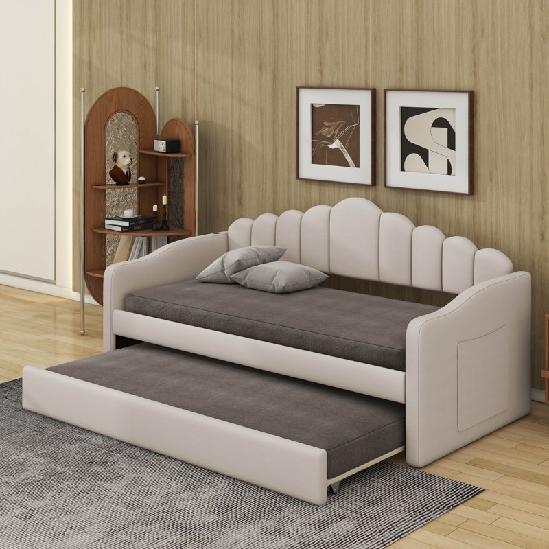 Twin Size Upholstered Daybed With Trundle And USB, Beige