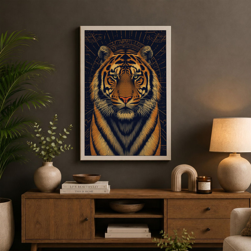 Tiger and Mandala Japandi - Wrapped Canvas, 18x12 - 45.7 x 30.5 cm, Teal Border