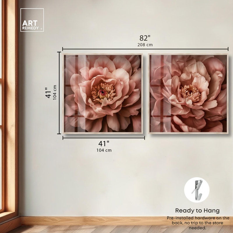 Ensemble de 2 panneaux de pivoines , H 41 po x l 41 po, Crème, crème