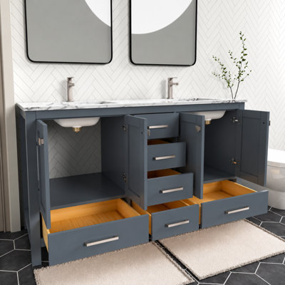 Meuble-lavabo autoportant gris anthracite avec plateau en marbre de Carrare 60 po Anvay