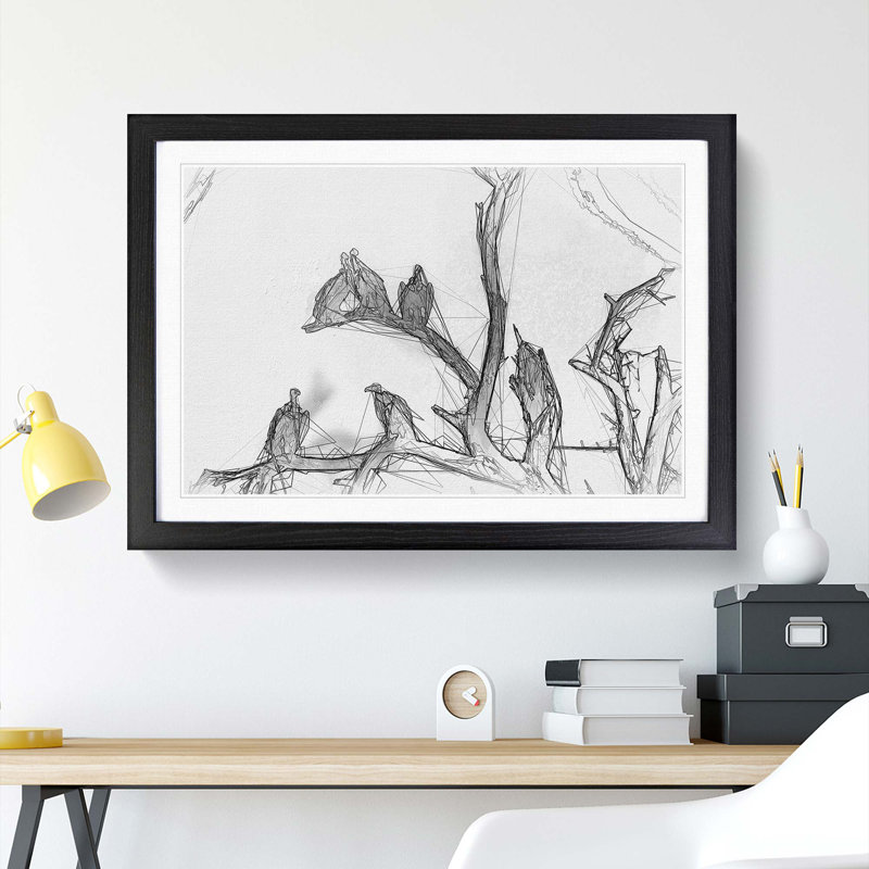 Vultures on a Tree in Abstract - Picture Frame Graphic Art Print, 60cm H x 91cm W x 2cm D, Black