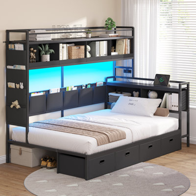 Lit d'angle simple avec 4 tiroirs, 10 pochettes de rangement, bibliothèque haute, cadre de lit en L en métal avec lumières DEL, station de charge, lit de jour simple avec bibliothèque en tissu, noir