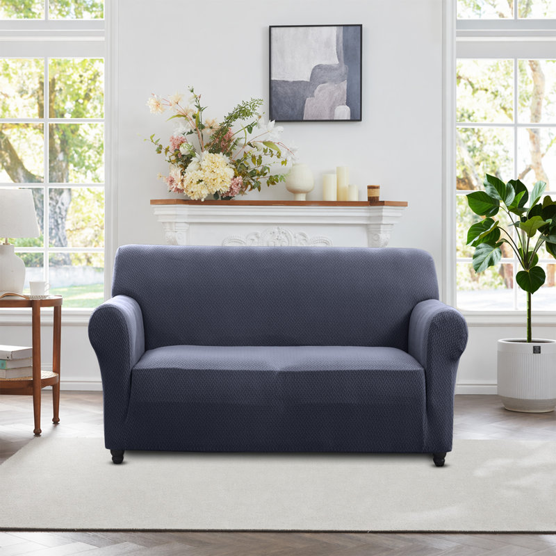 Premium Quality Spandex Sofa Cover Elastic Slipcover Soft Washable Couch Protector 2 Seater, Blue/Grey