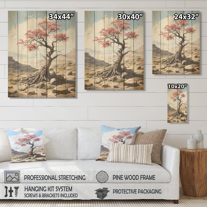 Arbre d'acacia africain dans le désert I - Arbre africain sur bois, H 44 po x l 34 po