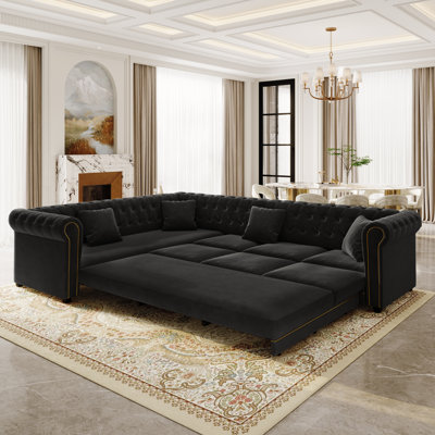 115.3" L-Shaped Sofa Couch with Pull-Out Bed, Oversize Convertible Sleeper, Velvet Button Tufted Couch, Gold Trim Rolled Arms, Oversized Deep Seat Luxury Sofa with Throw Pillows for Living Room