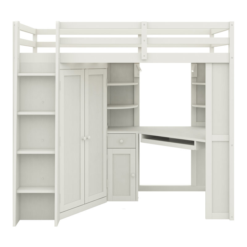 Space Saving Loft Bed with Large Wardrobe, Desk, White