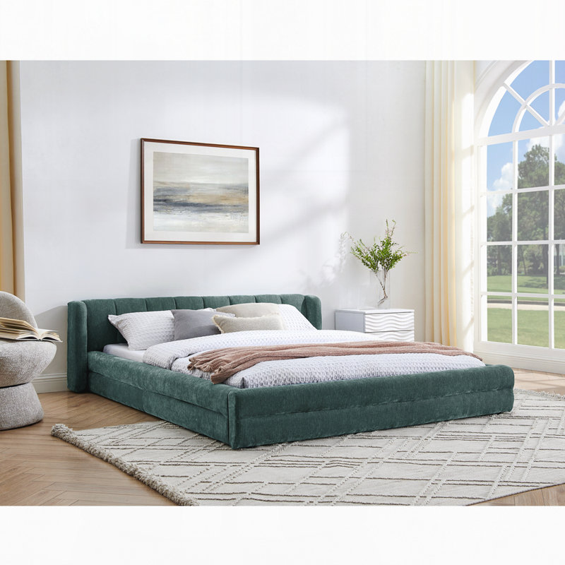 Structure de lit tapissier avec tissu épais, lit plateforme avec tête de lit, Bleu / vert