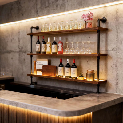 Industrial Wine Rack Wall Mounted, Solid Wood Shelf With Metal Pipe Brackets, 3-Tier Rustic Hanging Organizer For Wine Bottle Storage In Kitchen, Bar,
