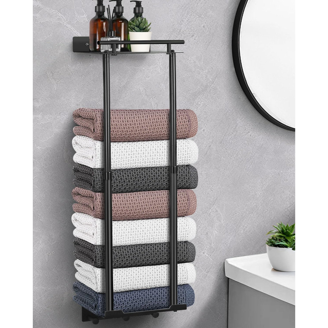 Towel Rack Towel Storage Self Adhesive 81cm Adjustable Pole 41-72CM Stable Wall Mounted Towel Holder Bathroom Black with Shelf Hooks