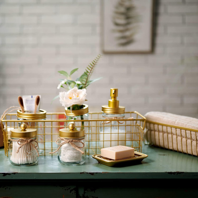 Ensemble d'accessoires de salle de bain 6 pièces Mason Jars - Porte-brosse à dents, Distributeur de savon, Porte-coton-tige, Porte-savon, Rangement pour papier métallique, Décoration de ferme