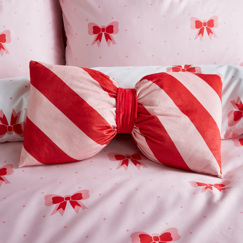 Dotty Bows 3D Shaped Cushion Striped Novelty Throw Cushion, Pink