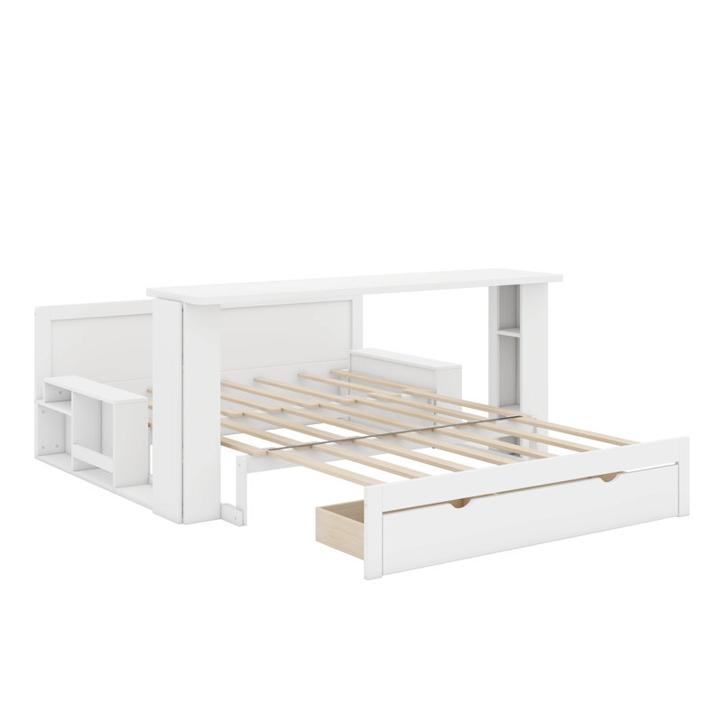 Full Size Daybed With Removable Desk, Storage Drawers And Hydraulic Side Table, Full/Double, White
