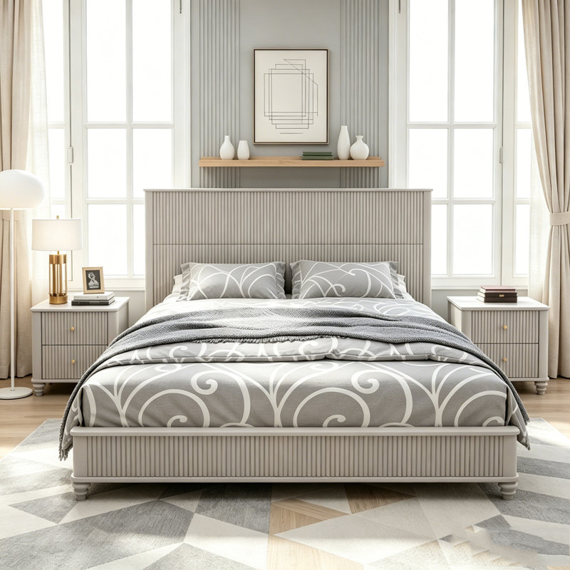 Ensemble de chambre à coucher 3 pièces avec grand lit et 2 tables de chevet, Beige, Queen