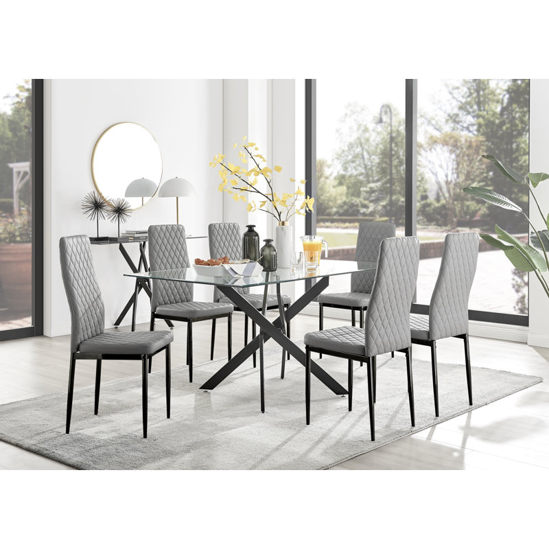 Ensemble de table de salle à manger en métal noir et verre avec 6 chaises rembourrées Lenworth, Gris / noir