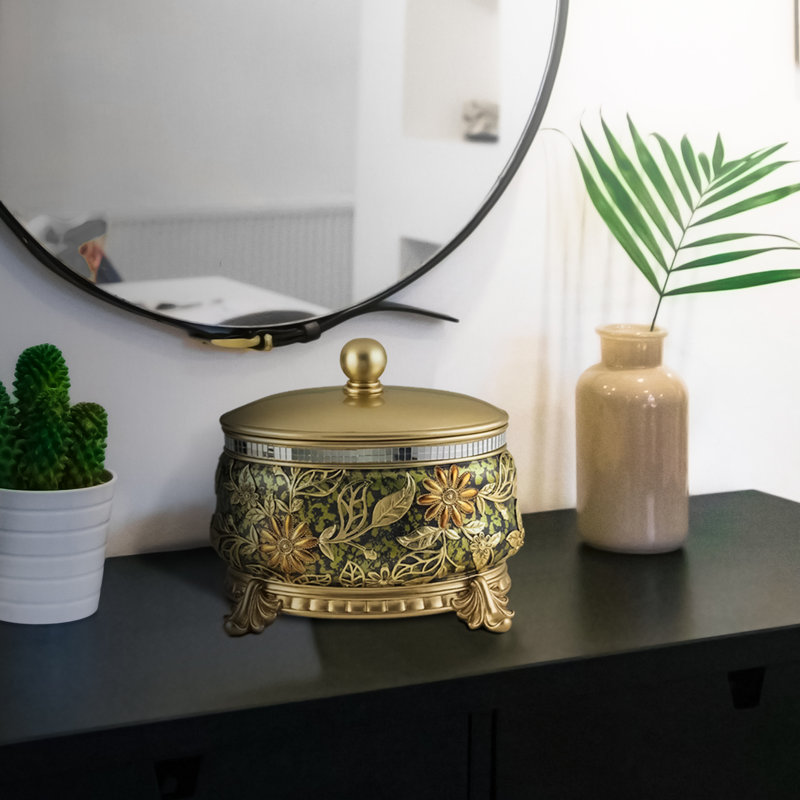 Majestic Gold and Black Floral Jewelry Box with Pedestal