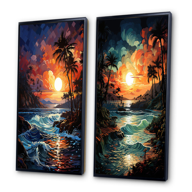 «Colorful Orange Palm Trees Sunset», 2 pièces, Cadre noir, H 20 po x l 24 po