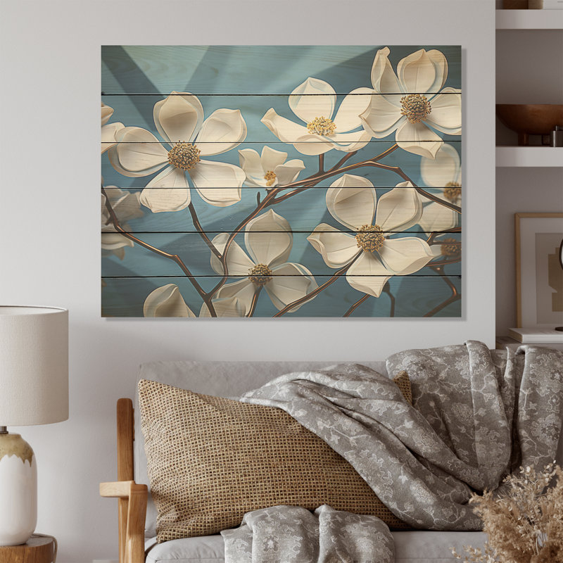 Cubist Dogwood Flowers Harmony - Dogwood Wood Wall Art On Natural Pine Wood, 10" H x 20" W