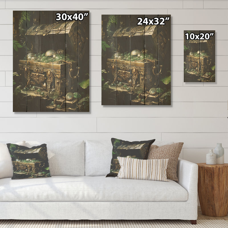Coffre à trésors cachés - pirate de mer, art sur bois de pin naturel, H 32 po x l 24 po
