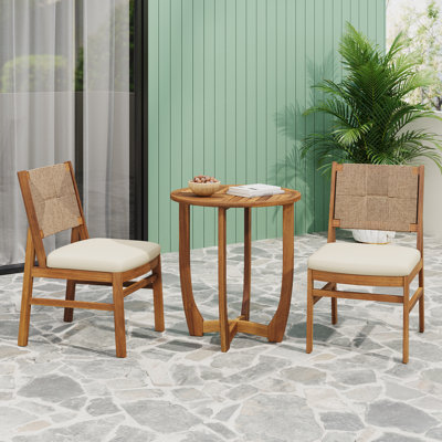 Sara Patio 3-Piece Acacia Wood & Wicker Woven Dining Set With Removable Cushions by NFusion
