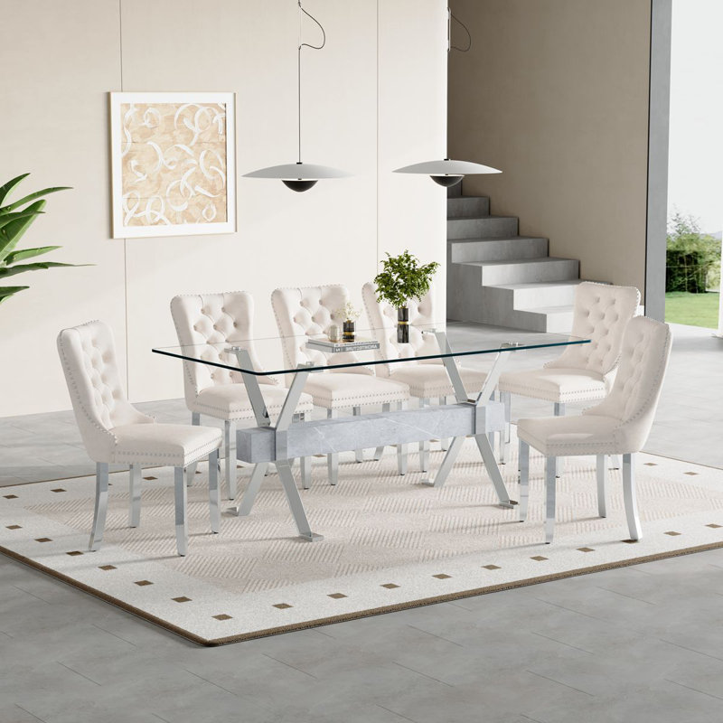Ensemble de table de salle à manger moderne avec plateau en verre et chaises rembourrées, 7 pièces : table, 6 chaises