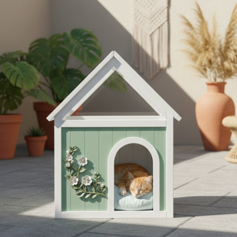 Maison de chat en cèdre avec toit en acrylique pour petits chats et chiens Orla Modern Farmhouse, Menthe et blanc