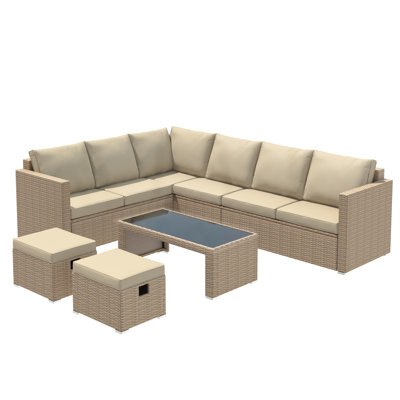 Outdoor Conversation Set 5 Places With L Shape Sofa, 2 Stools And 1 Coffee Table Khaki