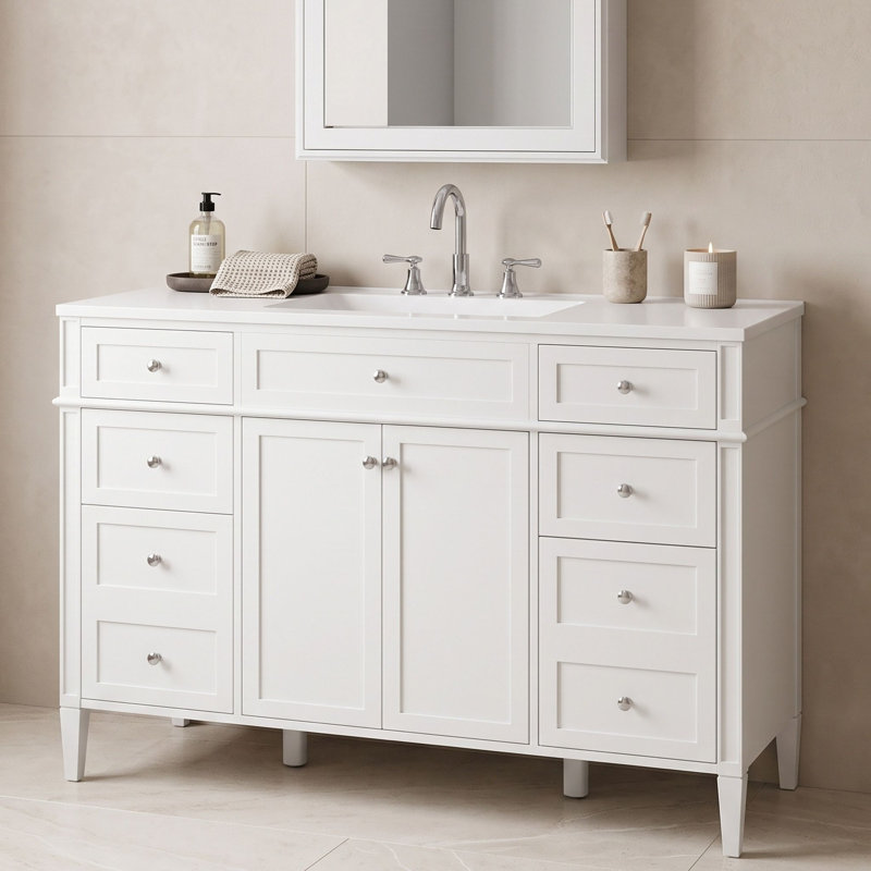 Meuble-lavabo autoportant avec comptoir en composite, 6 tiroirs, portes à fermeture en douceur et armoire de rangement, White