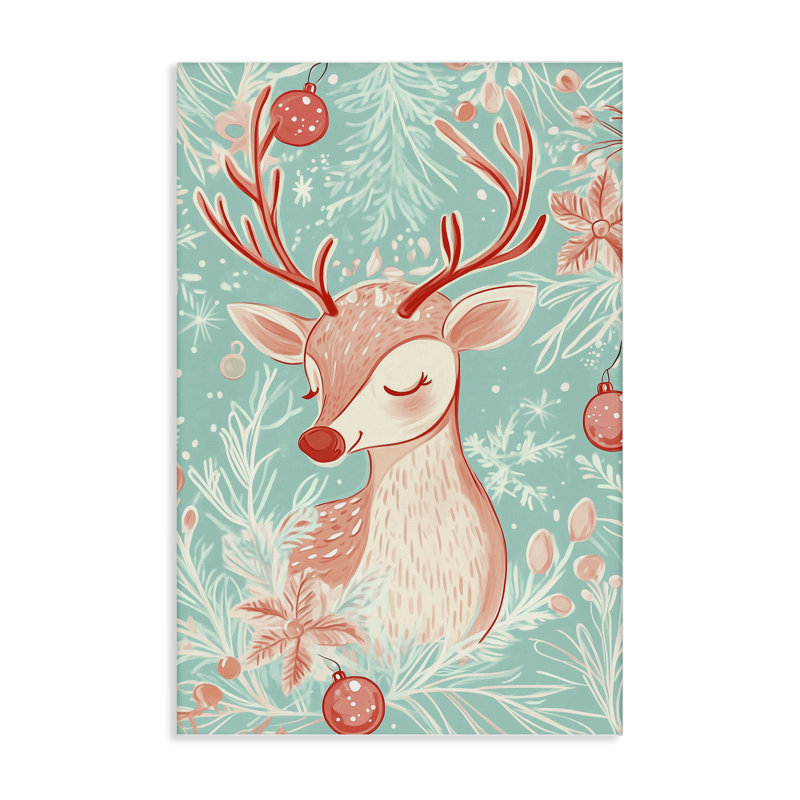 Toile de renne rose et bleu rétro, design par Arlington Prints, H 30 po x l 20 po