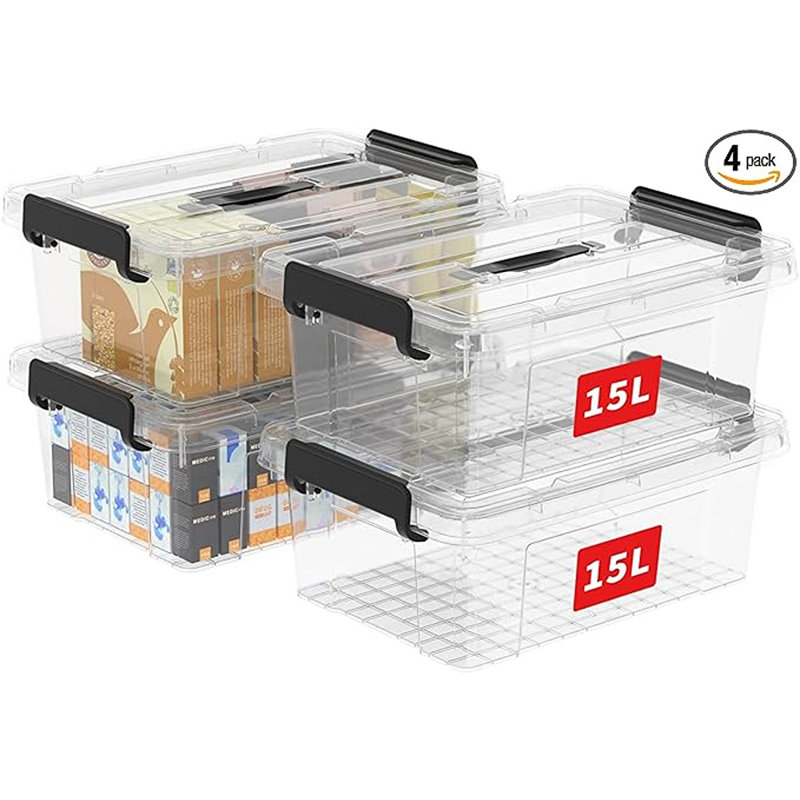 Lidded Storage Bin With Handle, Tote Organizing Container With Durable Lid And Secure Latching Buckles, Stackable And Nestable, Plastic, 16 Quart-4 Pack, Clear