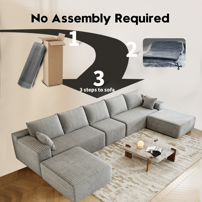 Canapé modulaire de 168,5 po, très grand canapé minimaliste en forme de U avec 1 siège central et 2 méridiennes, canapé-lit moderne à assise profonde, tissu en velours côtelé moelleux Cloud, 7 places