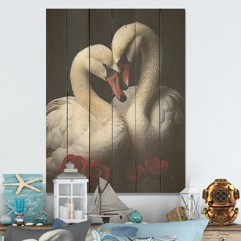 Portrait romantique de cygnes - Art sur bois de pin naturel, H 32 po x l 24 po