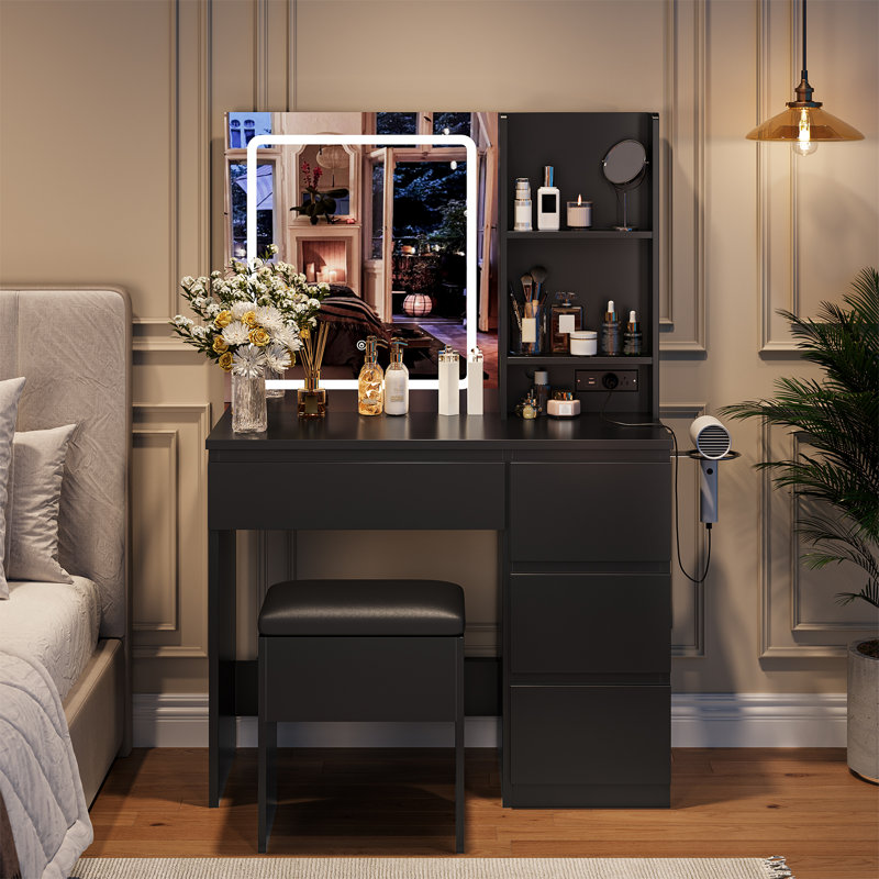 Meuble-lavabo moderne avec miroir et lumières, coiffeuse avec tabouret de rangement, 4 tiroirs et support pour sèche-cheveux, coiffeuses pour la chambre à coucher