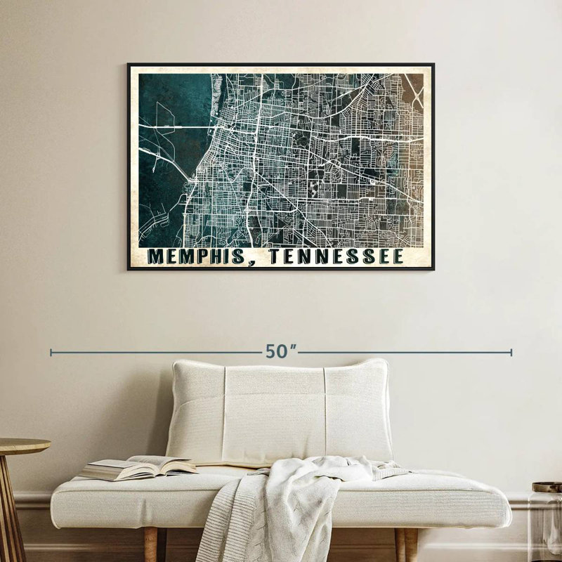 Carte rétro de la ville de Memphis, Cadre flottant noir, 40 po x 27 po