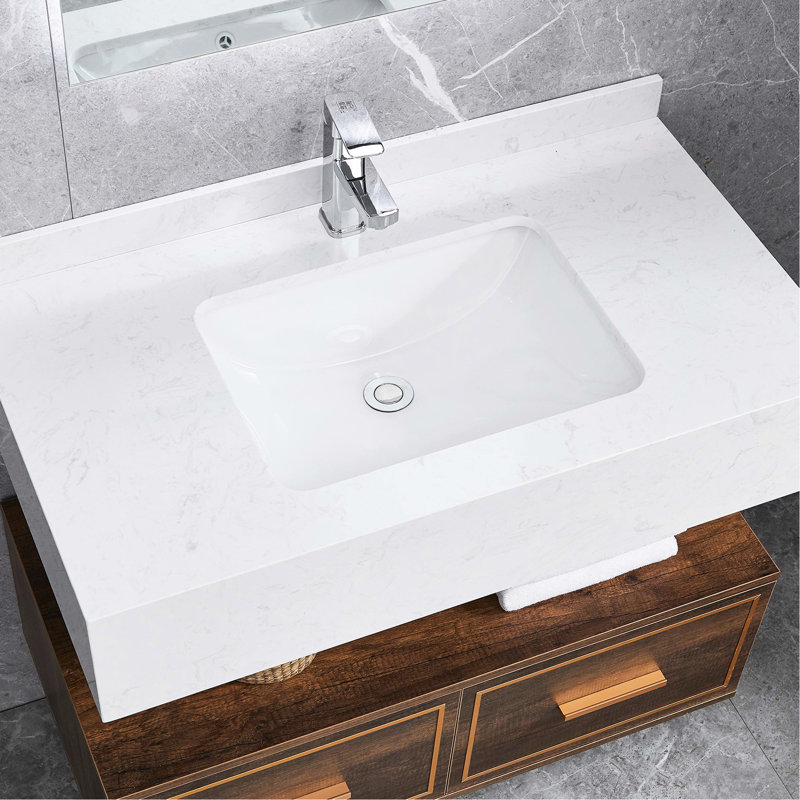 White Rectangular Ceramic Bathroom Sink - Overflow, Sound Dampening, Heat , Stain & Scratch Rust , No Faucet Holes Undermount Basin Absorbing, Emerged