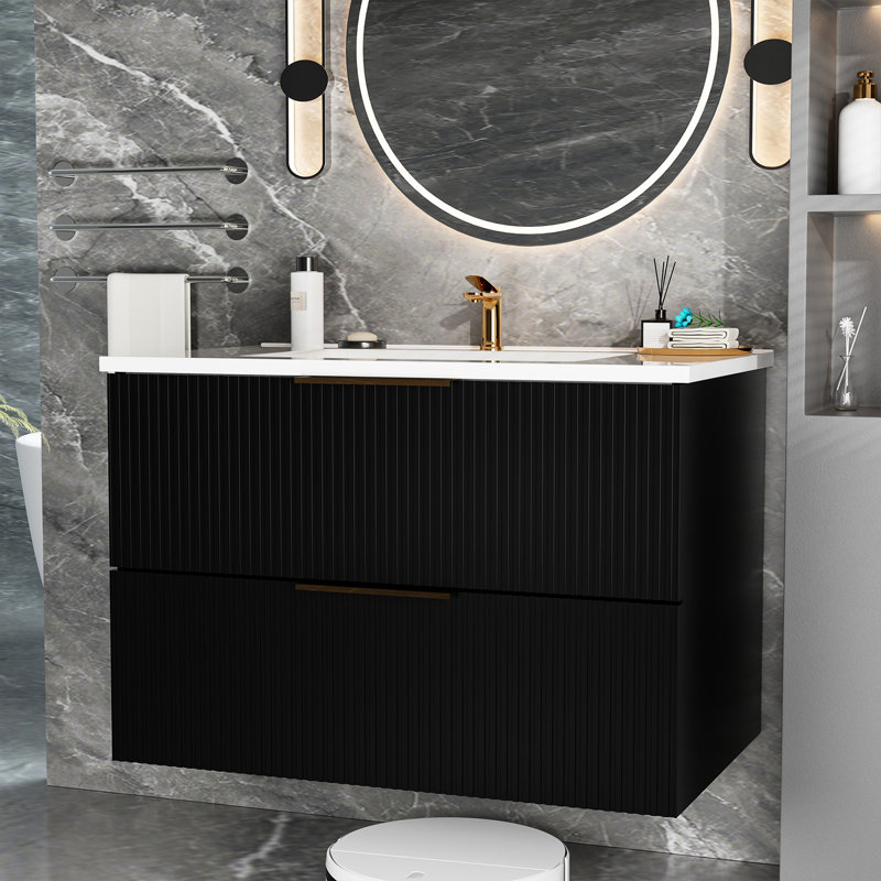Meuble-lavabo noir 090, sans lavabo, deux tiroirs, réduit le nettoyage, planche multicouche, grands coins hygiéniques