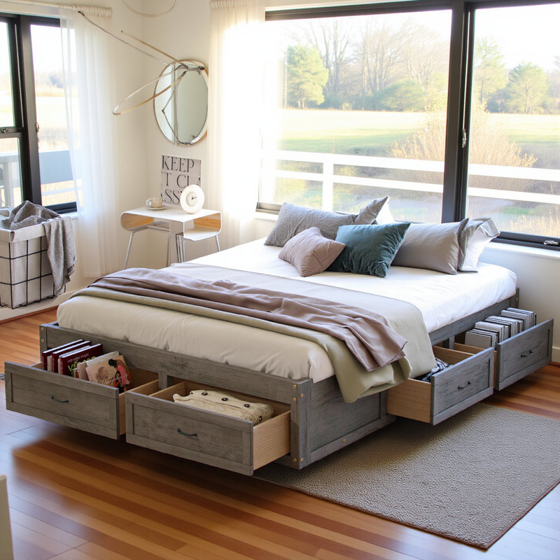 Grand lit plateforme avec 6 tiroirs de rangement, gris antique