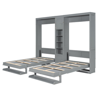 Dual Twin Size Wall Murphy Beds With Cabinets And Shelves, Gray