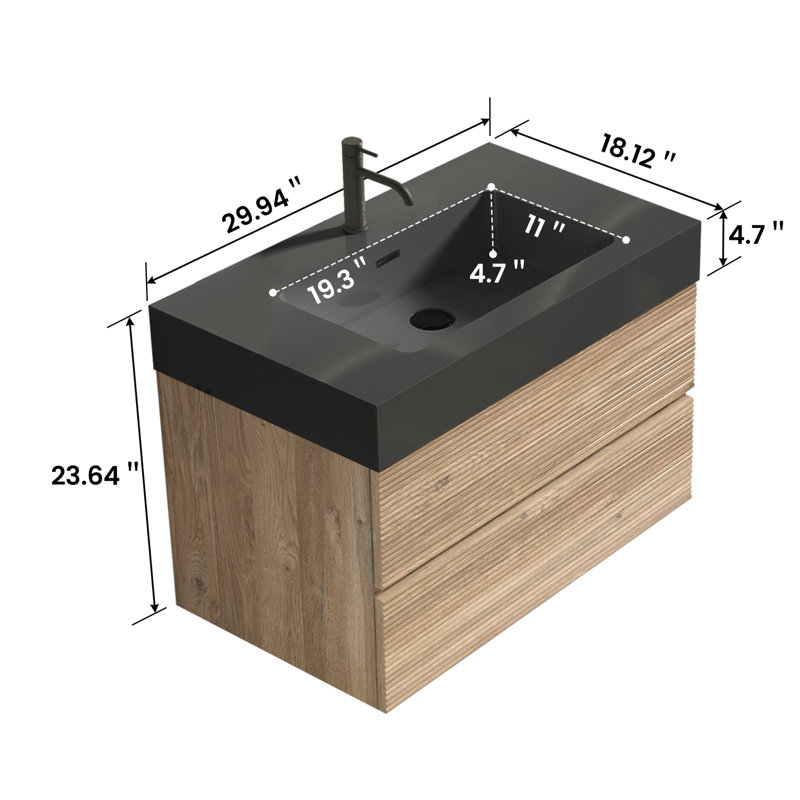 Meuble-lavabo mural flottant, 30 pi avec lavabo en quartz d'ingénierie en chêne, tiroirs noirs doux, esthétique Mid-Century, laque à base d'eau E0