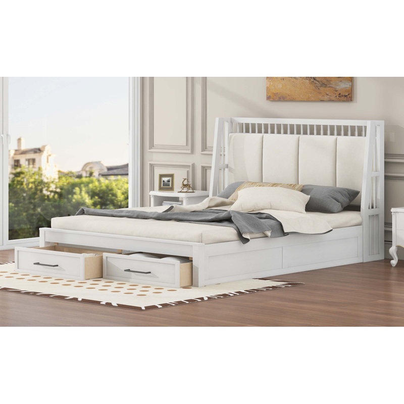 Bed With Upholstered Headboard And 2 Drawers, Queen, White