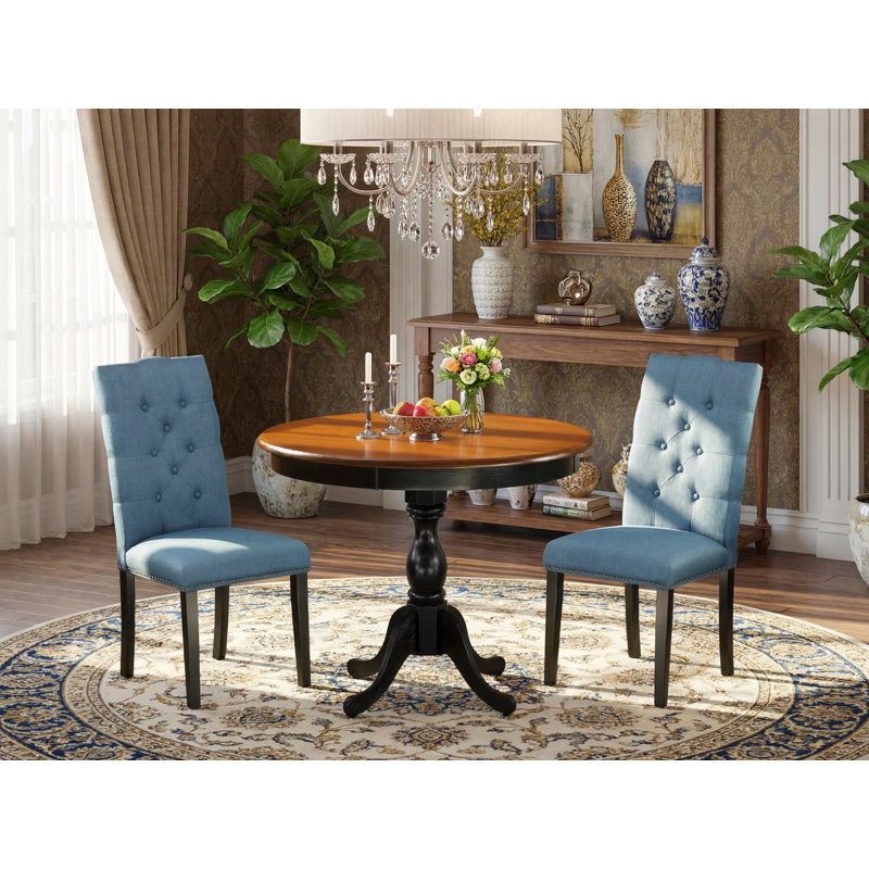 3-Pc Dining Table Set Includes a Wooden Dining Table and 2 Blue Linen Fabric Parson Chairs with Button Tufted Back - Black Finish