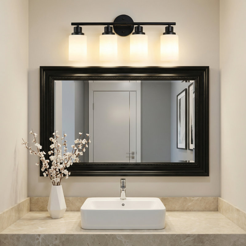 Éclairage pour salle de bain 4 lumières noires avec abat-jour en verre blanc givré